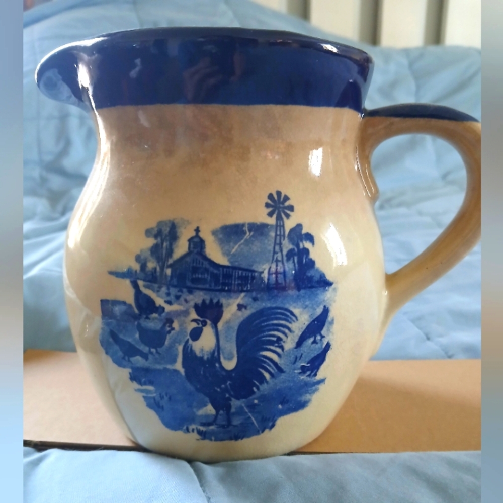 Vintage Pottery with Rooster Farm Scene Pitcher
